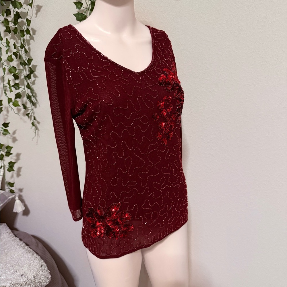 Elegant Red Sequin and Beaded Women's Top NwT